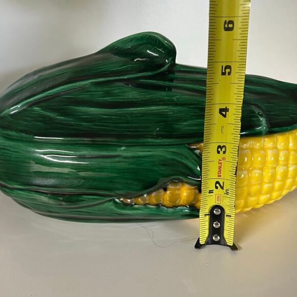 Corn Shaped Covered Ceramic 11” Dish Green Yellow Farmhouse Decor Covered Lid - Picture 3 of 4